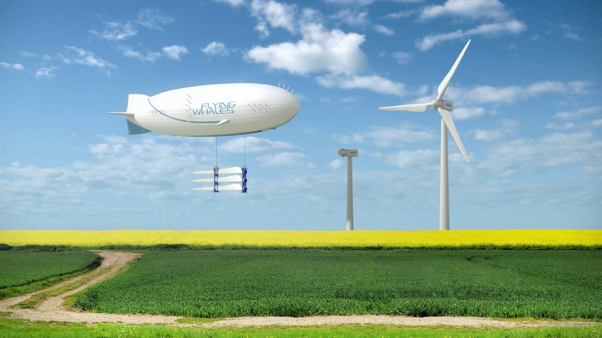 A concept design of a Flying Whales airship delivering wind turbine components. Picture contributed