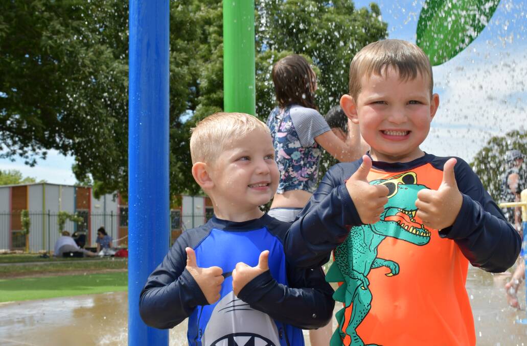 Levi, 3, and Taylen, 5, at the Midlands Reserve splash park on Monday. Pictures: The Courier