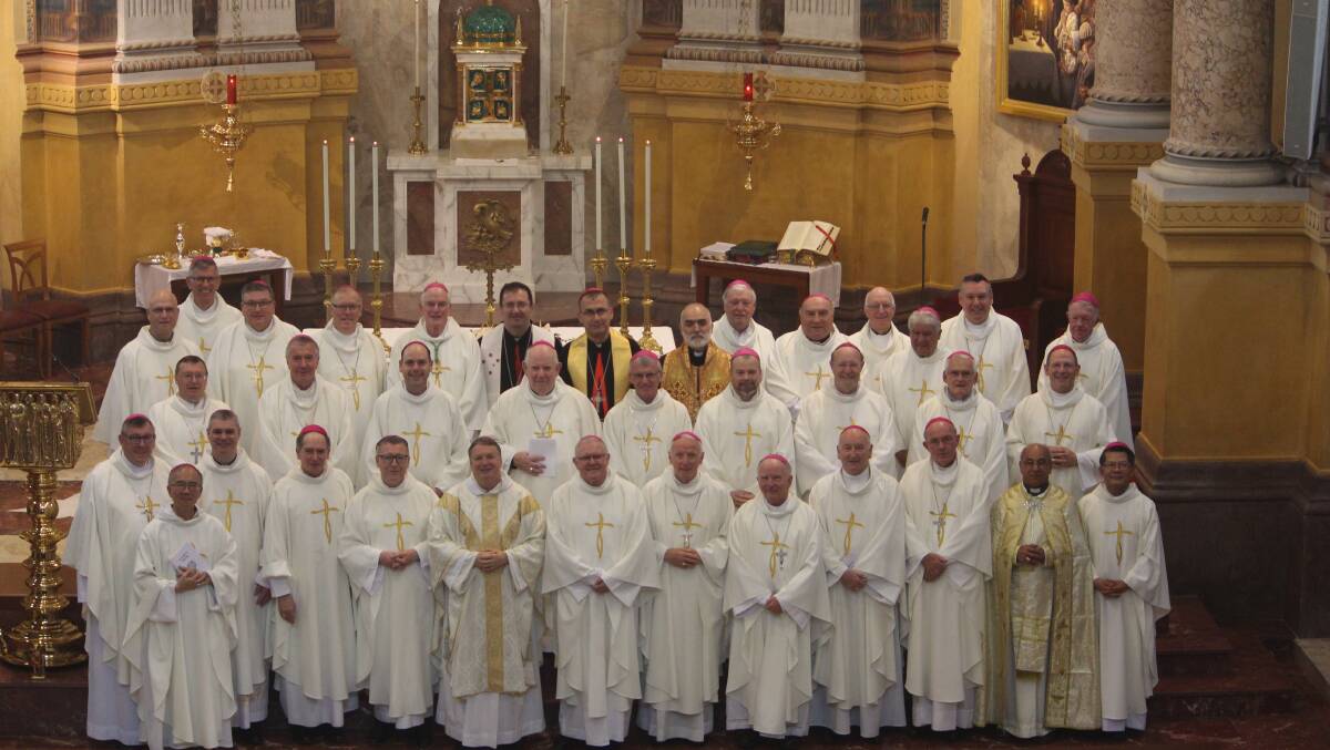 Mass: The Australian bishops who travelled to The Vatican. Ballarat's Bishop Paul Bird is in the front row, fourth from left. Picture: Australian Catholic Bishops Conference