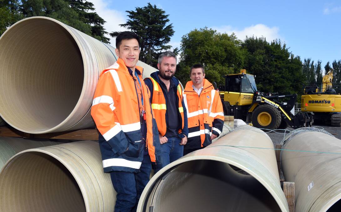 Ready to start: Diona's site engineer Calvin Aw and project manager Jack Barrett with Central Highlands Water's project manager Mick Dwyer. Picture: Kate Healy