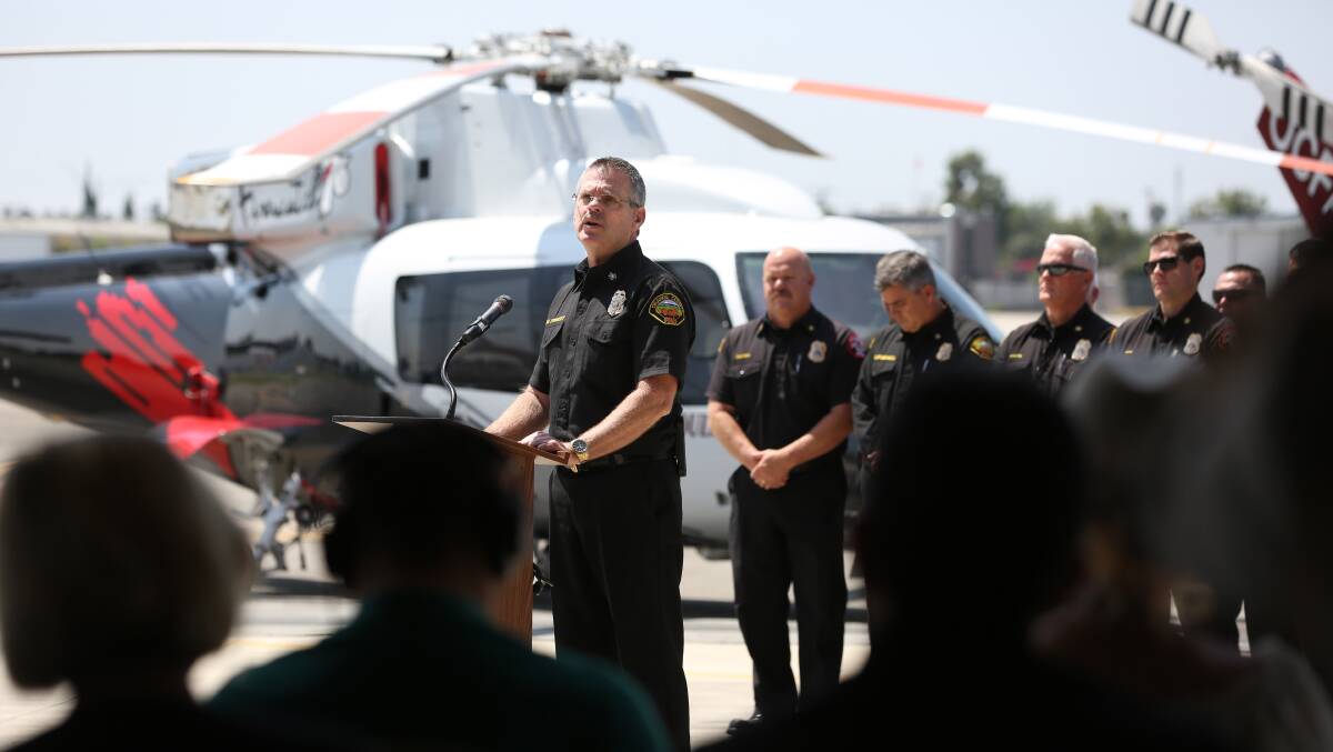 Orange County Fire Authority chief Brian Fennessy with the helicopters last week. Pictures: OCFA