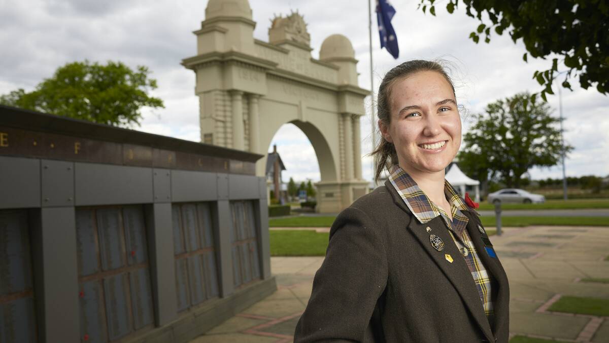 Ballarat Grammar student Caitlin Grieve will join other students at the Armistice commemoration on Sunday. She will tell World War 2 airman and prisoner of war Bill Wilkie's story. Picture: Luka Kauzlaric