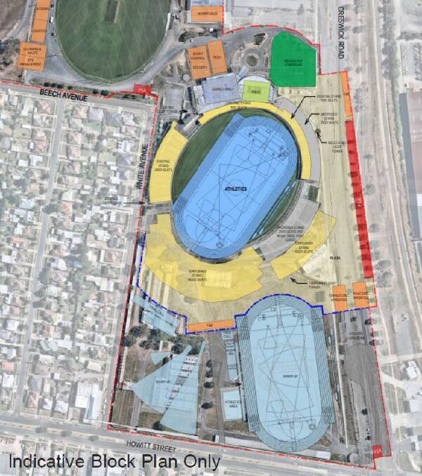 Where the new grandstands could go for the Commonwealth Games (in yellow) - indicative block plan only.