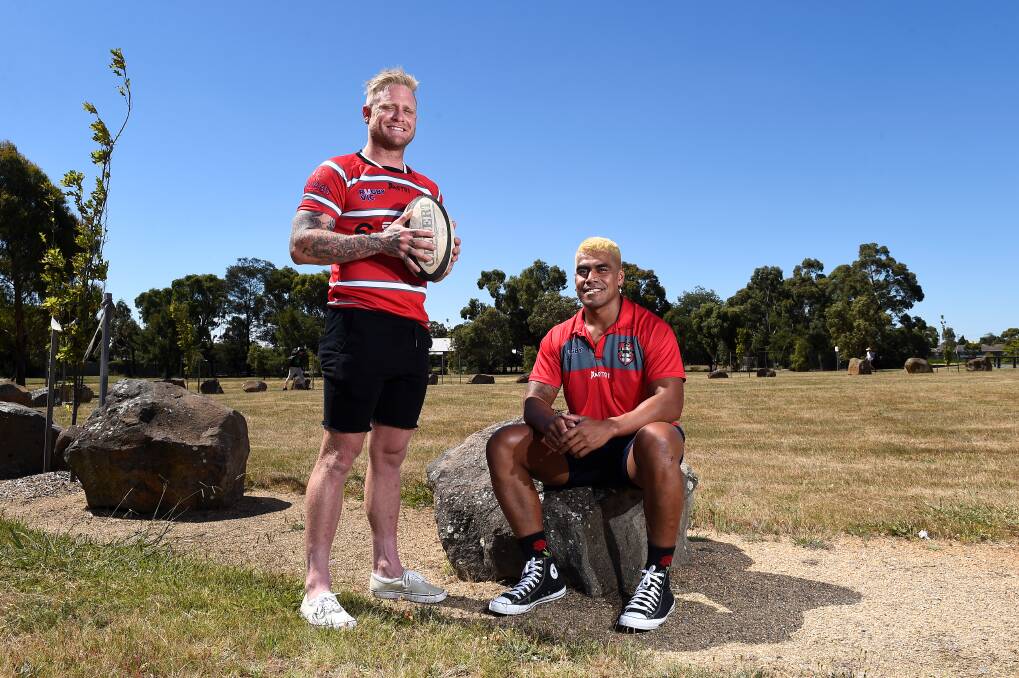 Ballarat Highlanders Dennis Roeser and MJ Taulima are keen to spread the word about mental wellness at their charity game in February. Picture: Adam Trafford