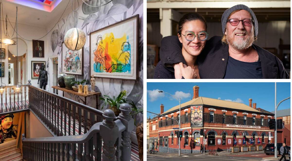 On sale: The Pub With Two Names building, on the corner of Mair and Doveton streets is currently owned by artists David and Yuge Bromley (top right) and has a private residence on the top floor (left). Expressions of interest close October 18. Pictures: Luka Kauzlaric, supplied. 