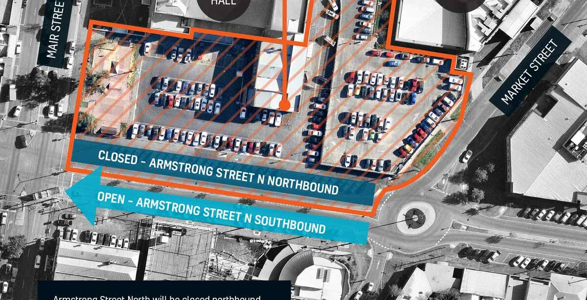 Build plan: Orange sections are the fenced construction zone, next to Civic Hall. Construction starts next week. Picture: Regional Development Victoria