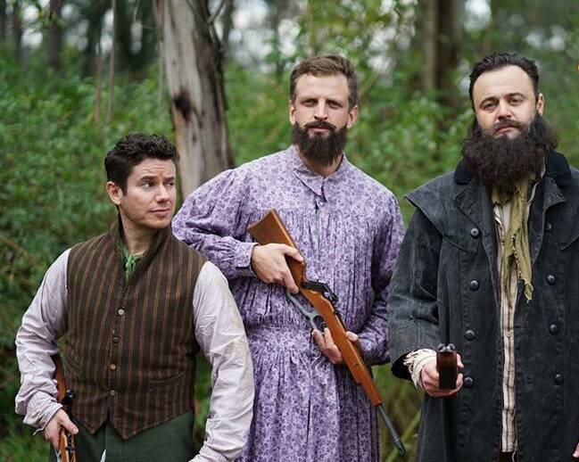 Drink up: Jeremy Brull, Aaron Glenane and Gyton Grantley in Drunk History Australia.