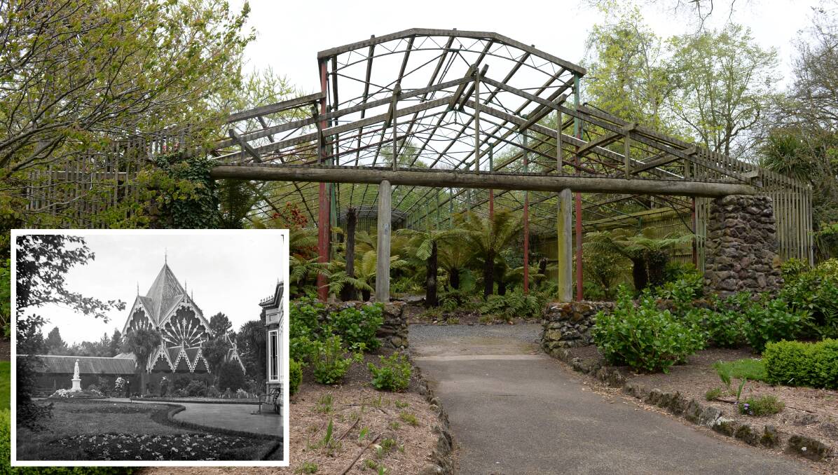 Time for growth: The current state of the fernery, which the Friends of the Ballarat Botanical Gardens said is in a "disgraceful state". Inset: A photograph from City of Ballarat of one of the former fernery structures in the Ballarat Botanical Gardens. Picture: Kate Healy