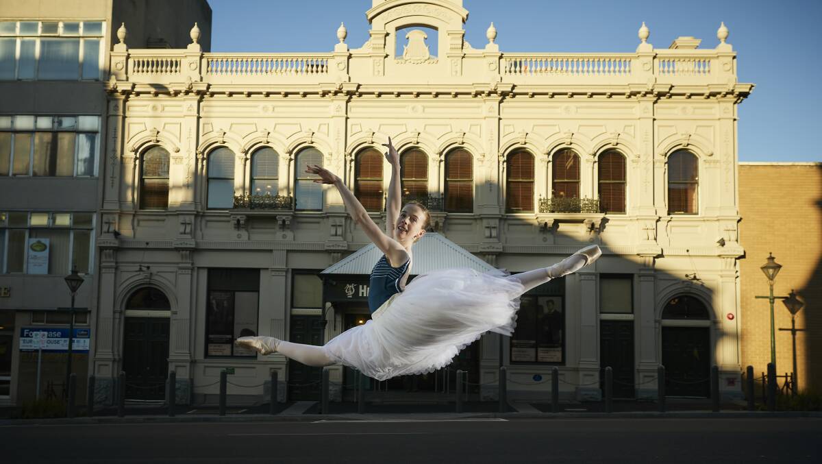 Leap of faith: Ballet dancer Alexandra Moore at Her Majesty's Theatre, Ballarat. Picture: Luka Kauzlaric