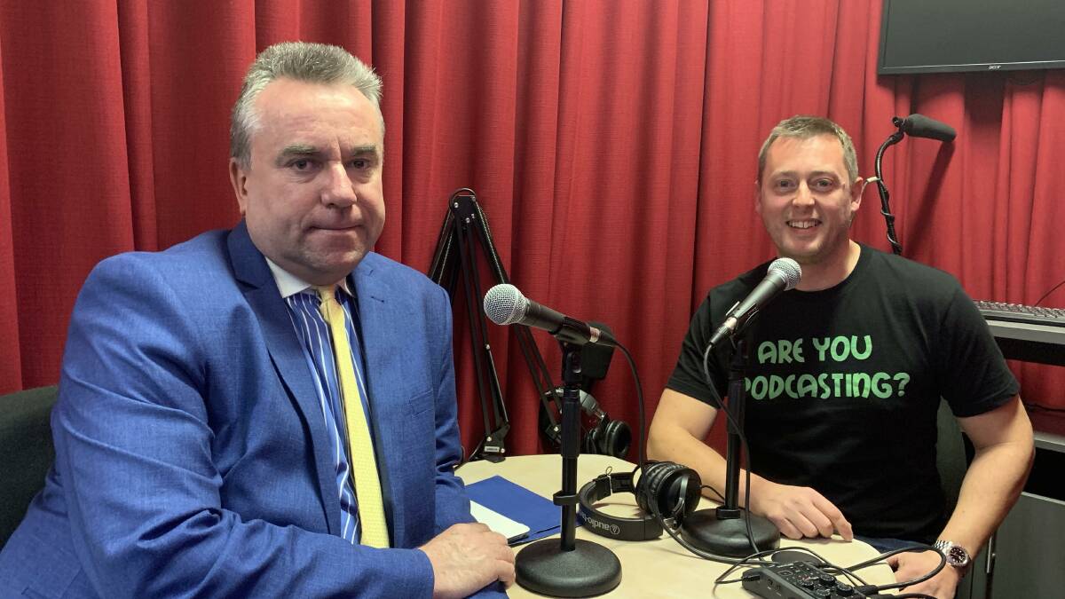 Ballarat lawyer Paul Cott and podcast producer Chris Ashmore at Hardy Audio Studio. 