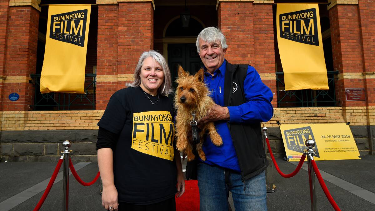 PAW-FECT: Buninyong Film Festival Co-Organiser Lisa Cressey and Luke Hura of Paws on Film, with Trinny. Picture: Adam Trafford