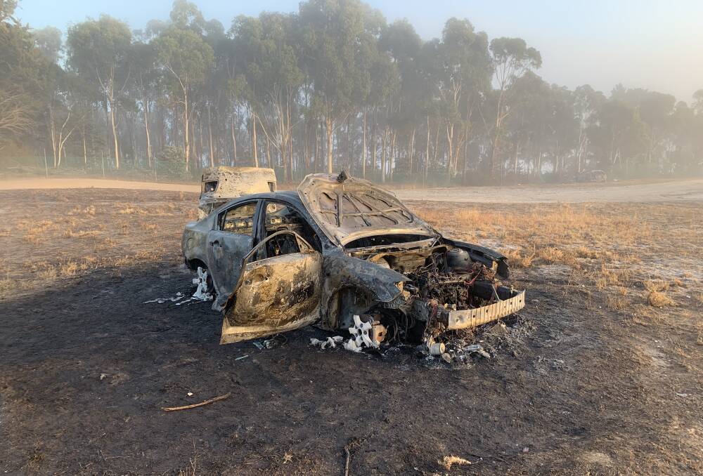 The burnt out Mazda in Magpie, which was stolen from a Yarrowee Street address on Sunday night or early Monday morning. 