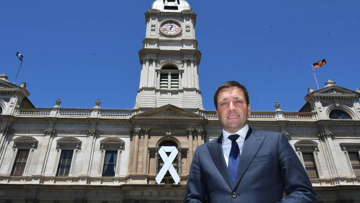 Victorian opposition leader Matthew Guy stands outside Ballarat Town Hall on Friday afternoon. Picture: Lachlan Bence