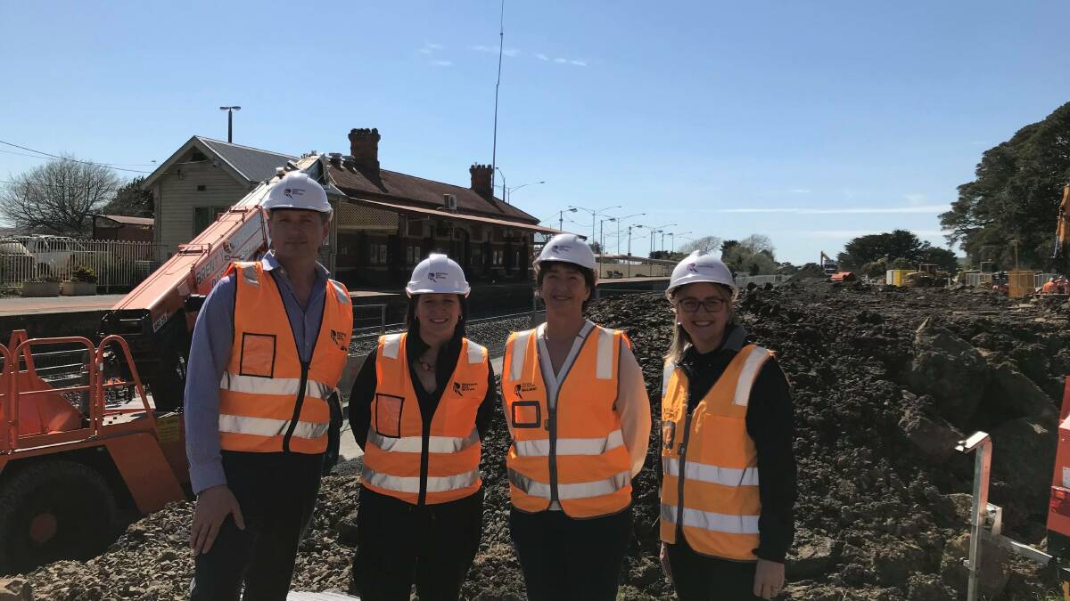 Regional Rail Revival Project Director Mark Haryvluk, Labor candidate for Wendouree Juliana Addison, Labor candidate for Buninyong Michaela Settle and Public Transport Minister Jacinta Allan. 