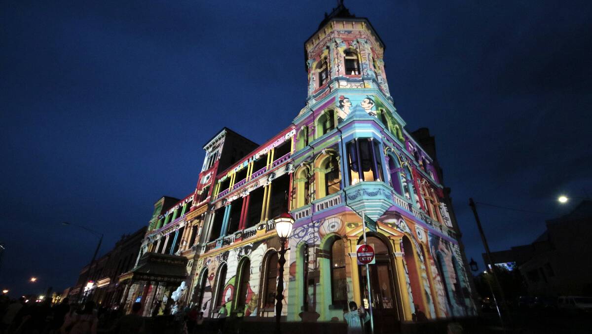 Bright night: Craig's Royal Hotel lit up in March this year for Ballarat's second White Night event. Picture: Dylan Burns