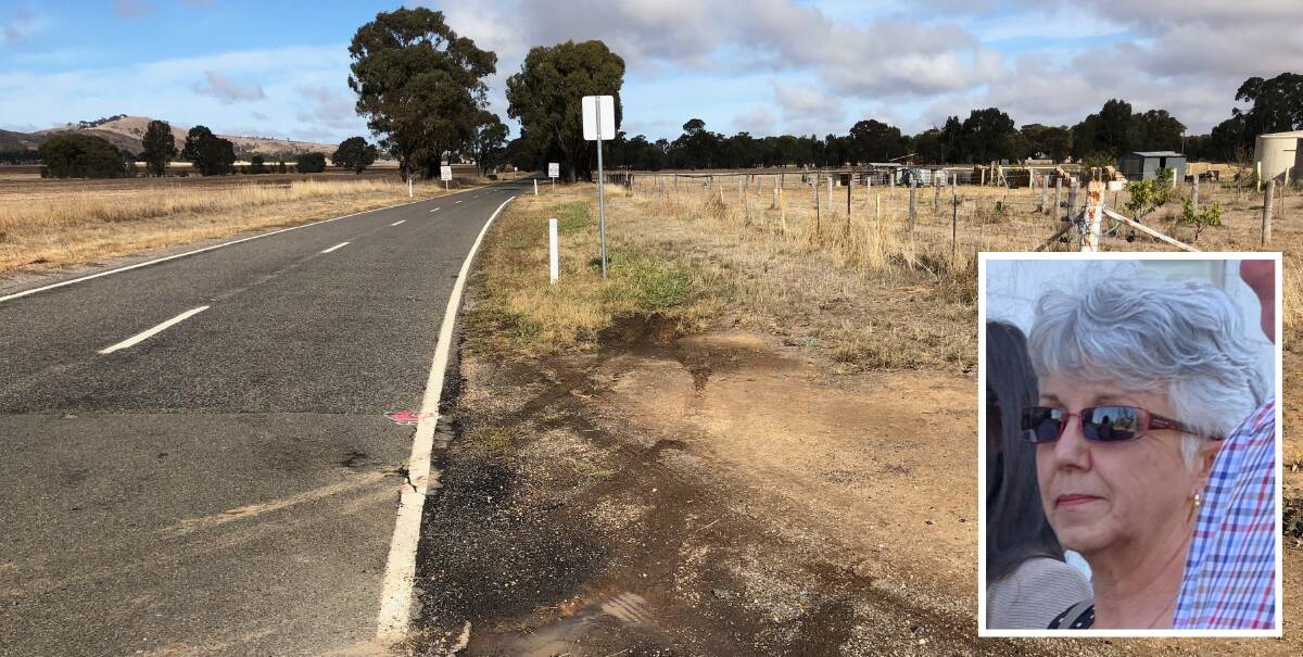 Court trial: The site of last year's May 5 crash at Stawell-Avoca Road and Ararat-St Arnaud Road. Inset - Accused woman Lorraine Nicholson.
