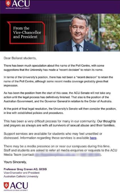 The email received by Ballarat ACU students on Friday. 