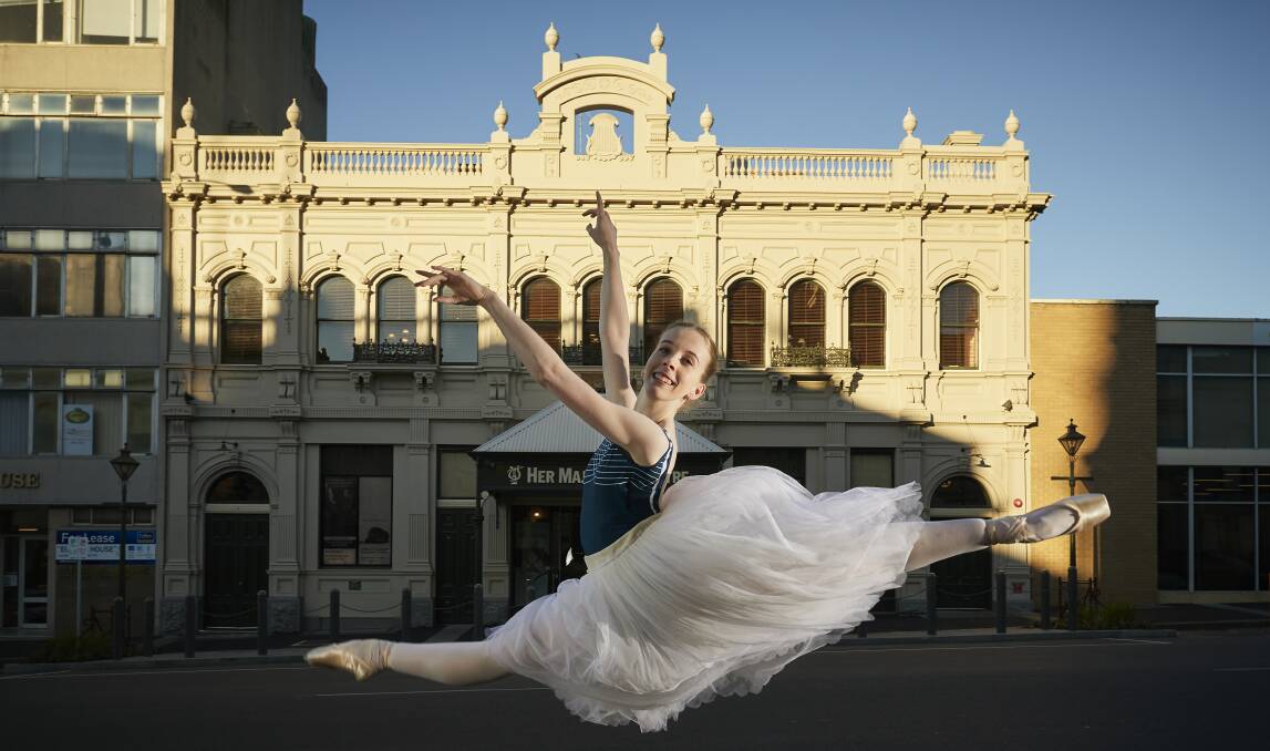 Leap of faith: Ballet dancer Alexandra Moore at Her Majesty's Theatre, Ballarat. Picture: Luka Kauzlaric 