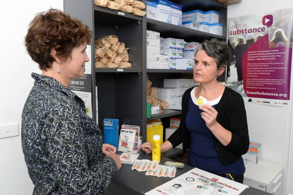 Safety first: Ballarat Community Health harm minimisation coordinator Pauline Molloy and manager of pharmacotherapy and harm reduction Jacqueline Keevins with the free needle kits. Picture: Kate Healy
