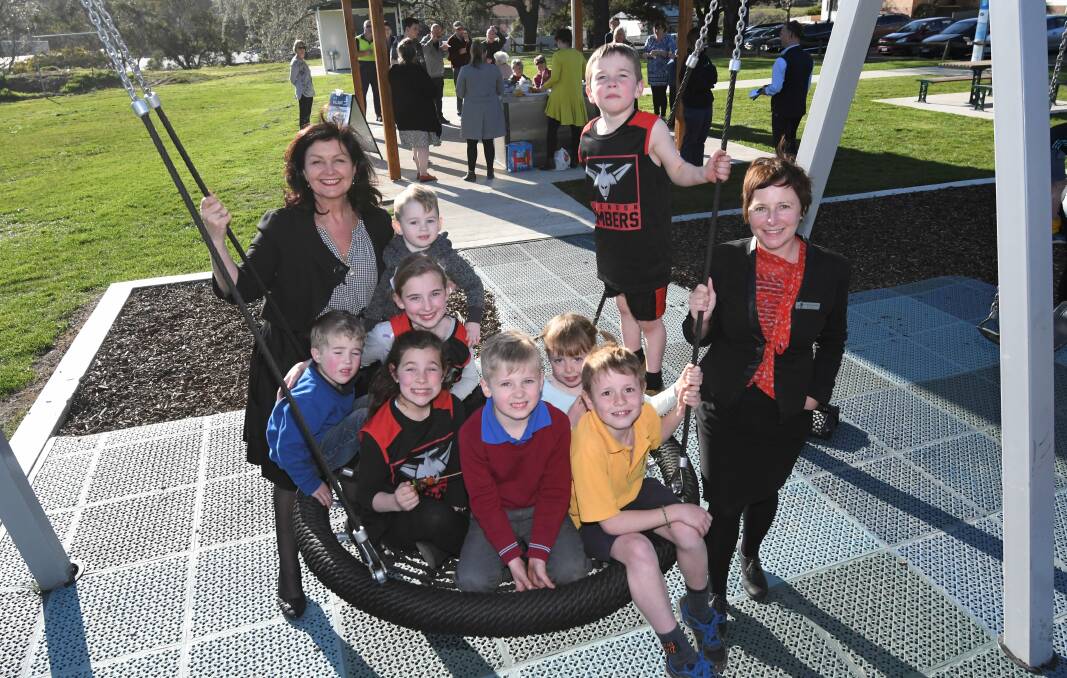 Play time: Ballarat mayor Samantha McIntosh (far left) and councillor Belinda Coates (far right) at the Mount Pleasant Recreation Reserve on Thursday. Picture: Lachlan Bence