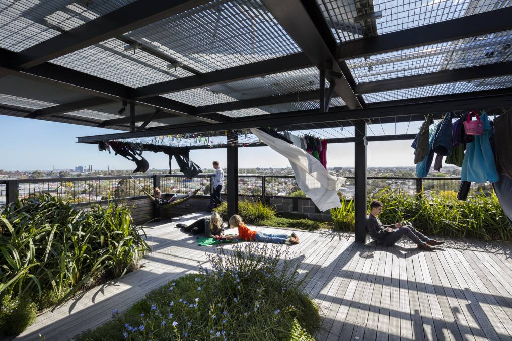 Green: The rooftop shared space at The Commons in Brunswick, which includes a solar array, productive garden, landscaping, communal laundry and hanging space. Picture: Dianna Snape