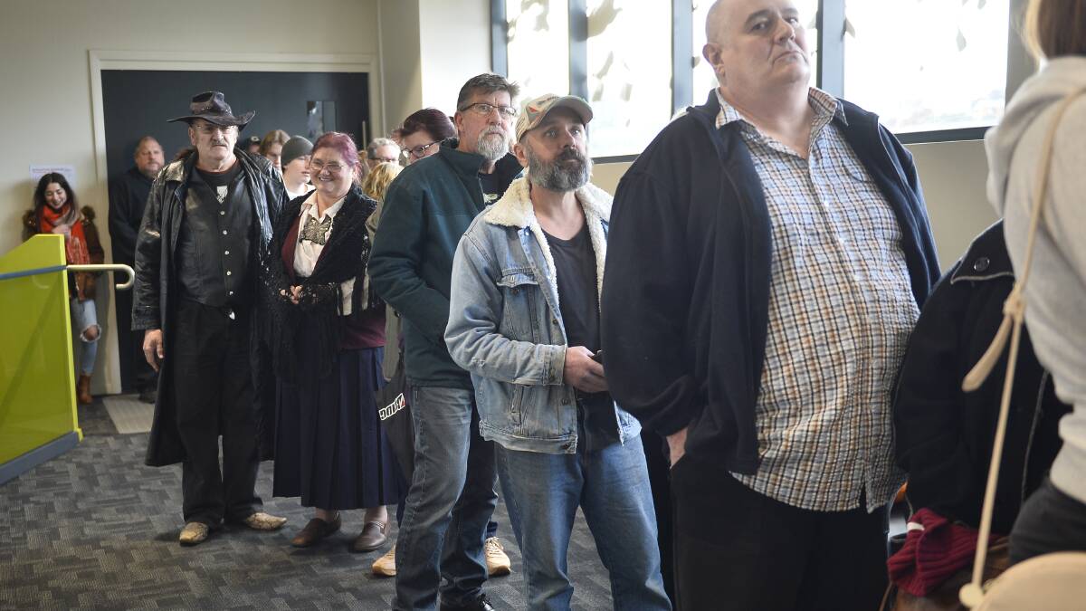 Bushranger bash: The large line for 'The True Story of the Kelly Gang' extra casting call in Clunes on Sunday. Ken and Christine Curnow, descendants of schoolteacher Thomas Curnow, look on. Picture: Dylan Burns
