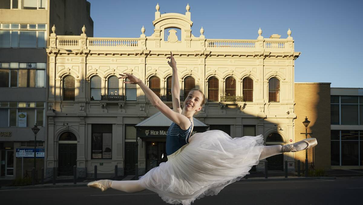 Jump for joy: Ballet dancer Alexandra Moore at Her Majesty's Theatre. Picture: Luka Kauzlaric