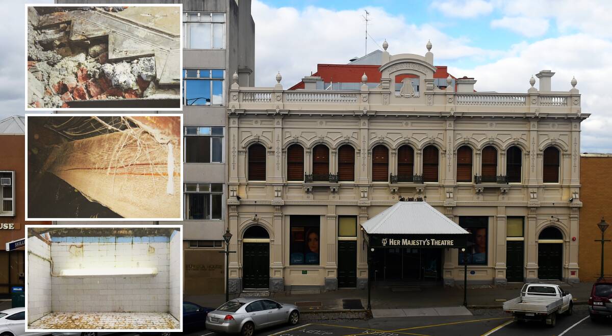 Ailing: Her Majesty's Theatre, with insets showing degrading masonry, a cracked truss above the stage and water ingress. Pictures: City of Ballarat.