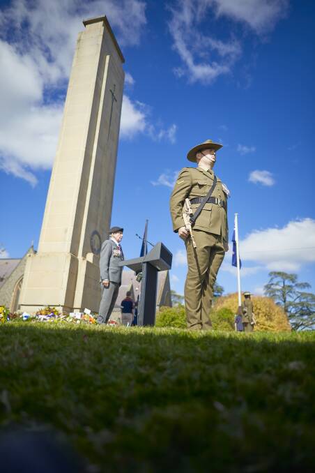 Cenotaph: Lance Corporal George Coltman stands at attention. Picture: Luka Kauzlaric