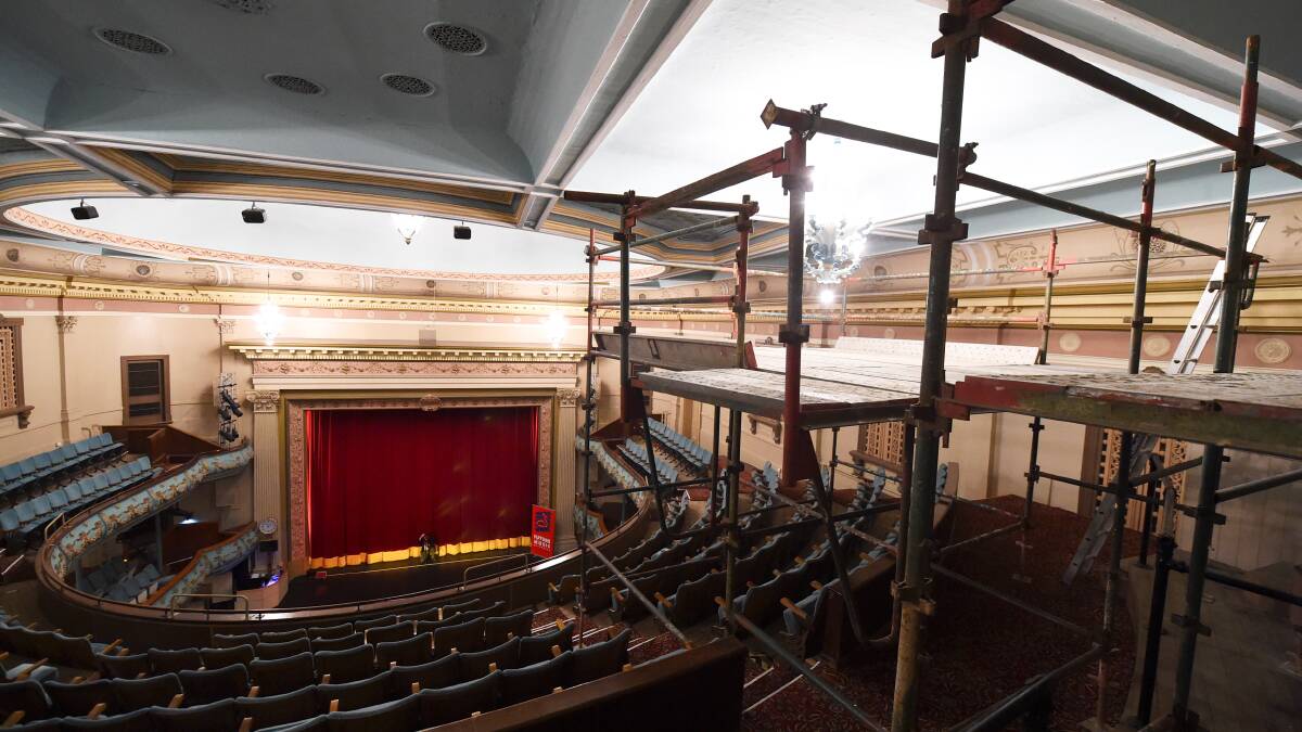 Under construction: Her Majesty's Theatre pictured in 2015, when it was undergoing cleaning works requiring scaffolding in the upper seating. Picture: Lachlan Bence