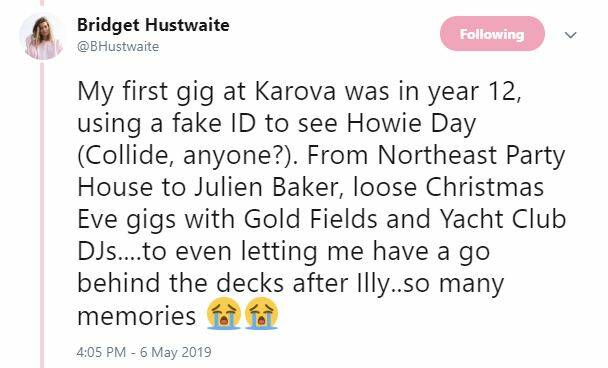 Bridget Hustwaite's favourite memories of Karova Lounge. Source: Twitter