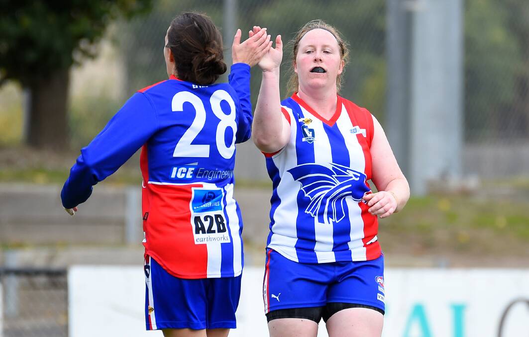 GOALS: Anna Baxter (right) kicked her 25th and 26th goals of the season across the weekend. Picture: Adam Trafford.