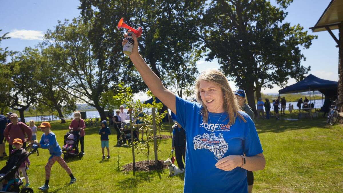 ON YOUR MARKS: Catherine King MP fires off the horn to kick of the fundraising walk. Picture: Luka Kauzlaric.