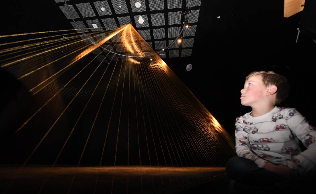 Artists Julia and Ken Yonetani's 24 carat gold thread pyramid at the Eureka Centre, for the Biennale of Australian Art. Picture: Luka Kauzlaric