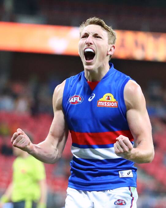 EXCITED: Bailey Dale celebrates one of his two goals in the Bulldogs' 61-point win over the Greater Western Sydney Giants. Picture: David Gray