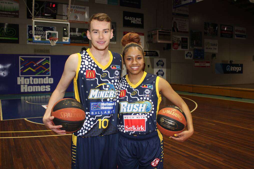 NEW KIT: Tristan Fisher and Chanise Jenkins shows off the Miners' and Rush's jerseys for the NBL1's indigenous round. Picture: Basketball Ballarat.