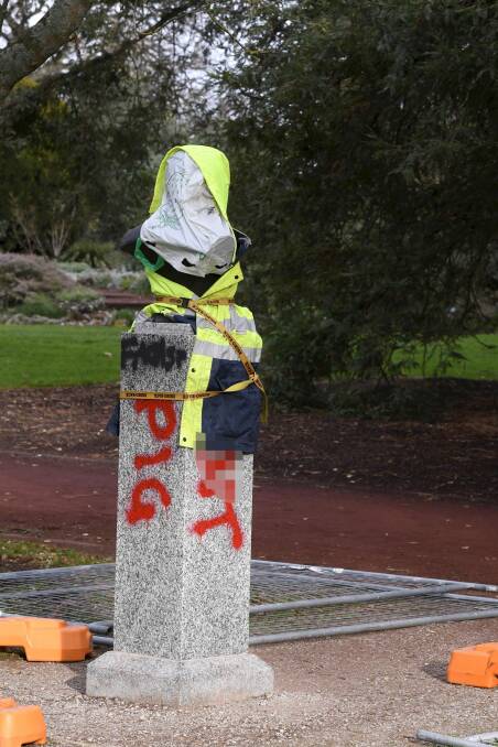 VULGAR: The statues were vandalised with incredibly rude language. Picture: Lachlan Bence.
