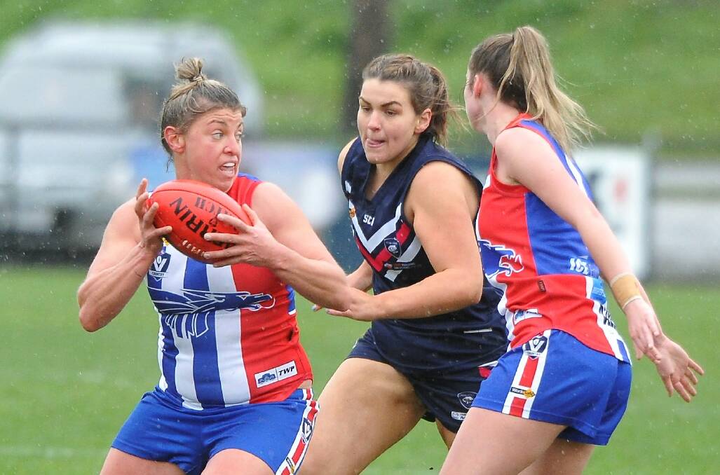 DOMINANT: Claire Bourdon helps East Point to another comfortable win over Melton Centrals. Picture: Lachlan Bence.