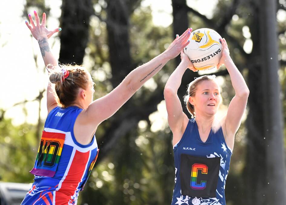 PRIDE: Jaquie Christie (Daylesford) and Stacey Casella (Newlyn) faced off wearing rainbow position tags for the inaugural Pride Cup. Picture: Adam Trafford.