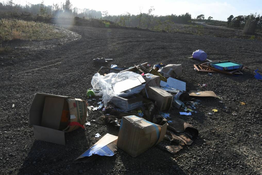 MESS: A pile of rubbish dumped near a burnt out car along Frenchman's Lane in Mount Clear. Picture: Lachlan Bence.