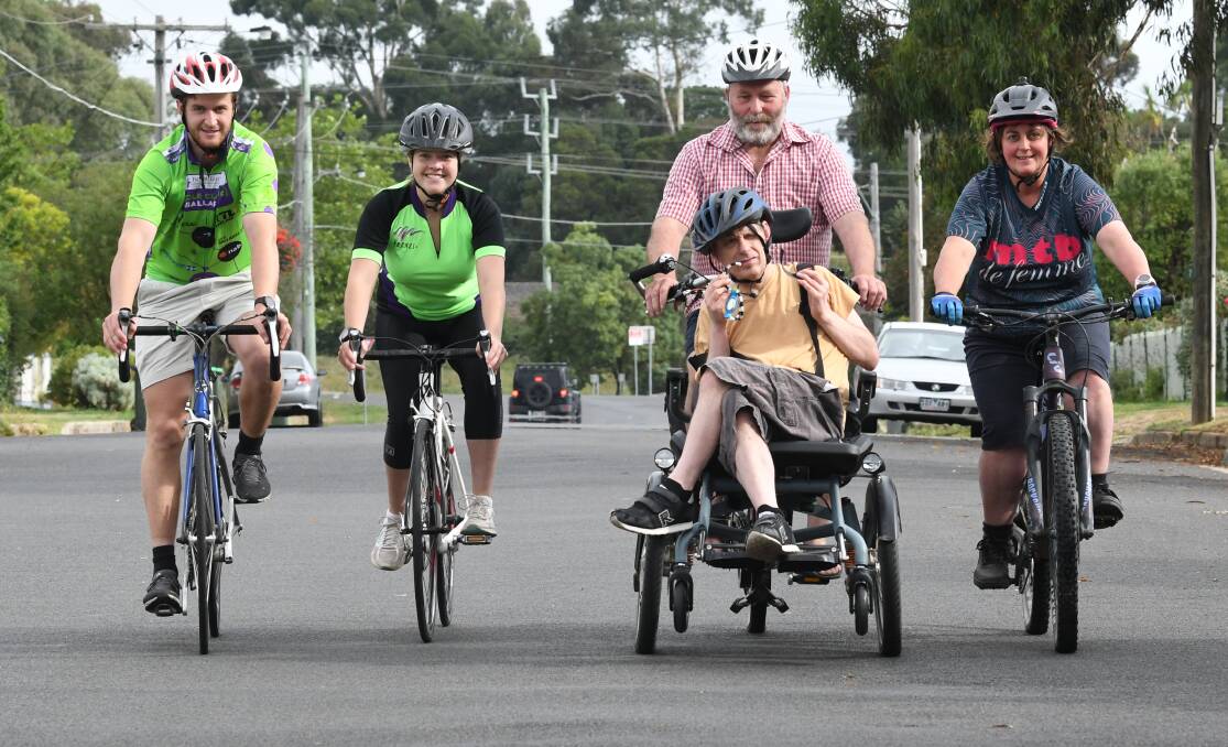 FAMILY FUN: Conor Dickson, Maggie Davidson, Tim Dickson, Bill Dickson and Monica Dickson share the road ahead of the Ballarat Cycle Classic. Picture: Lachlan Bence.