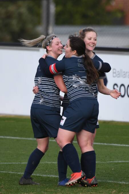GOAL: Ballarat City players celebrate during its 4-2 victory over Keilor Park. Picture: Kate Healy.