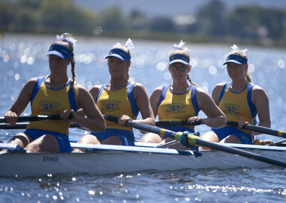 ROWING: Teagan Blythe (far right) rowing in the Loreto division one boat as a 16-year-old in 2018. Picture: Kate Healy.