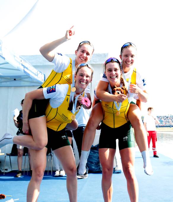 GOLDEN GIRLS: Katrina Werry, Lucy Stephan, Sarah Hawe and Olympia Aldersey celebrate after their World Championship Victory. Picture: Rowing Australia.