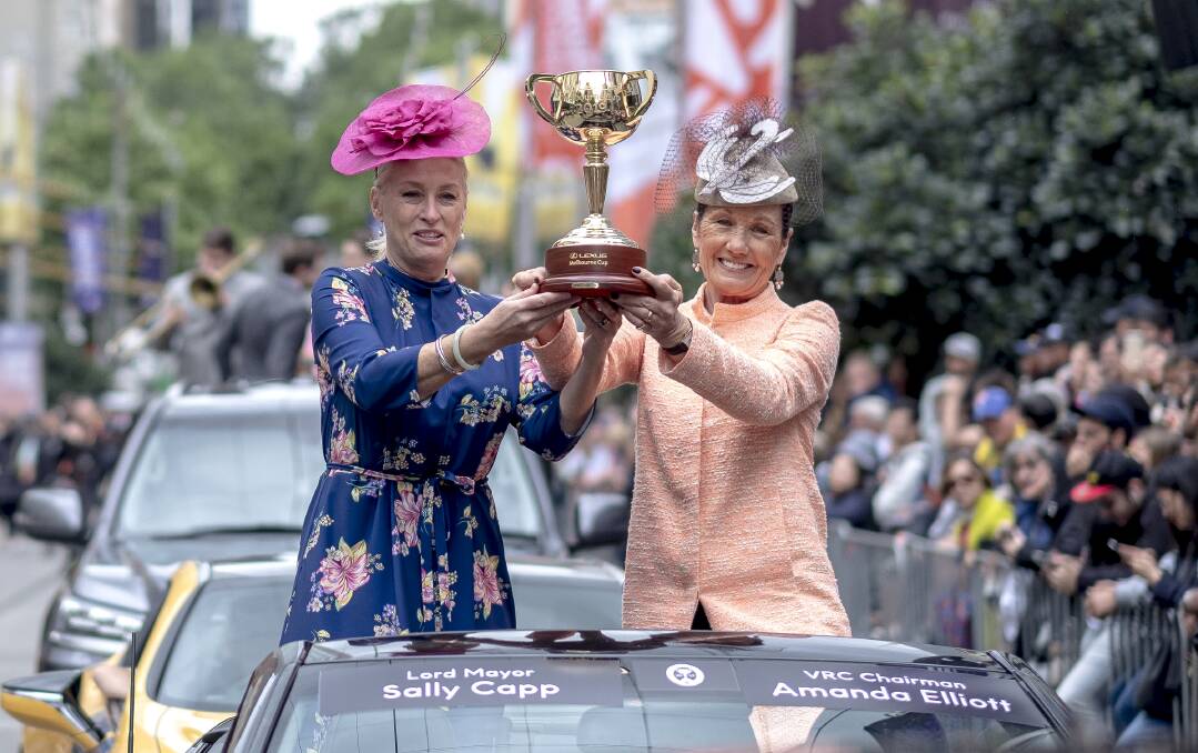 ALL EYES: Melbourne Mayor Sally Capp with Sally Capp with VRC chairman Amanda Elliott during the Melbourne Cup Parade in Melbourne. Picture: Luis Ascui