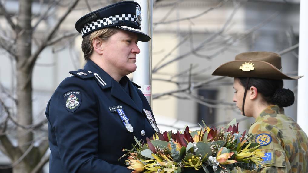Ballarat Police Superintendent Jenny Wilson laying a wreath on ANZAC Day 2019. Picture: Adam Trafford.