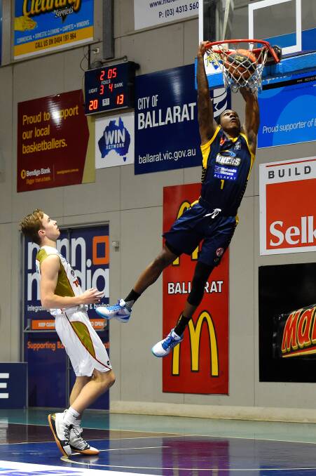 SKY HIGH: Marqueze Coleman showed off his athletisism in front of the Ballarat crowd. Picture: Adam Trafford.