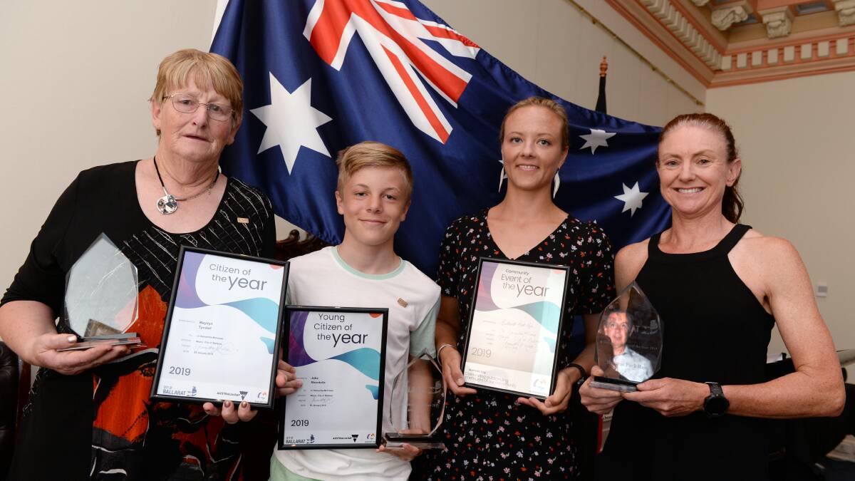 WINNERS: Citizen of the Year Marilyn Tyndall, Young citizen of the Year Jake Sbardella and Community Event of the Year Ballarat parkruns Ricci McGreevy and Kylie Mayne. Picture: Kate Healy.
