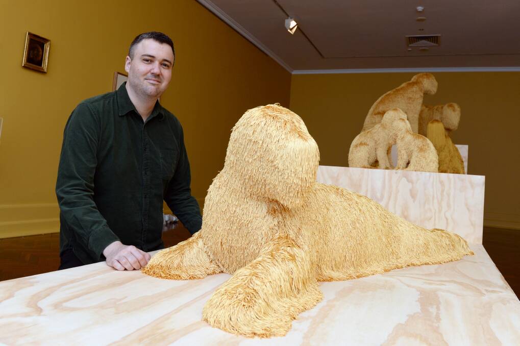 ARTIST: Troy Emery poses with his installations ahead of the opening of 'After the Gold Rush' at the Art Gallery of Ballarat. Picture: Kate Healy.
