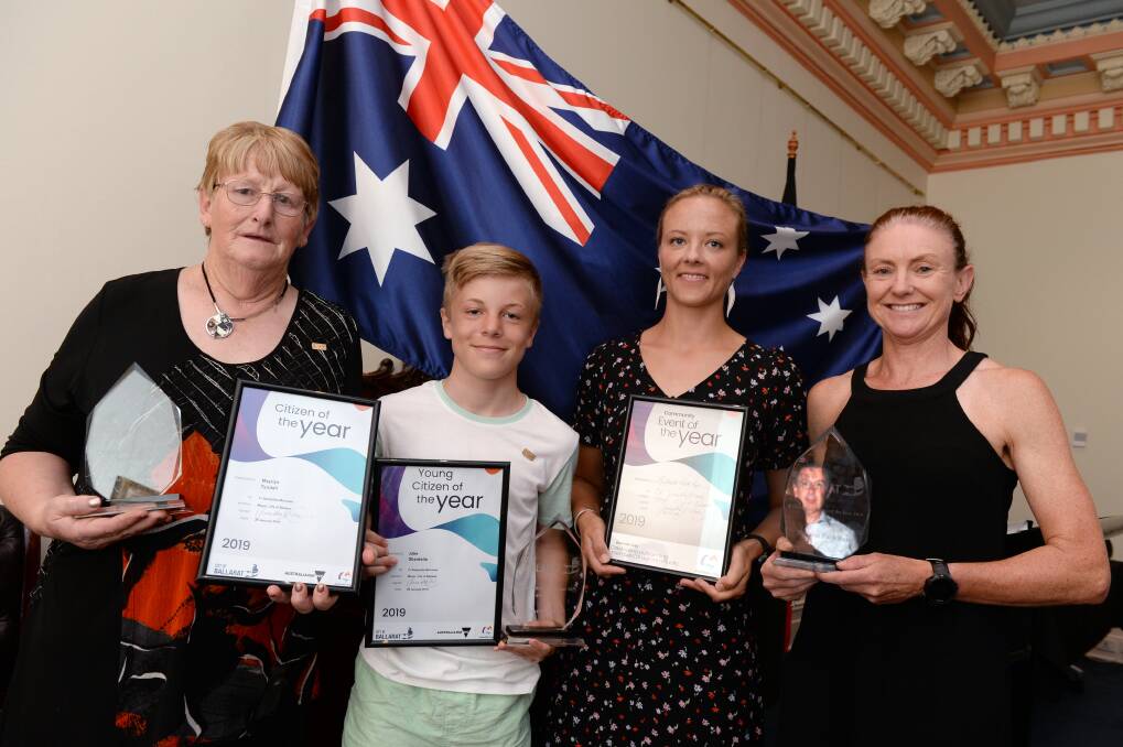 AWARDED: 2019 Citizen of the year Marilyn Tyndall, Young citizen of the year Jake Sbardella and Community Event of the year Ballarat parkrun Ricci McGreevy and Kylie Mayne. Picture: Kate Healy. 